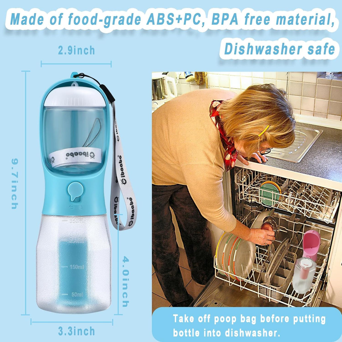 Dog Water Bottle with Food Container & Poop Bag Holder & Filter