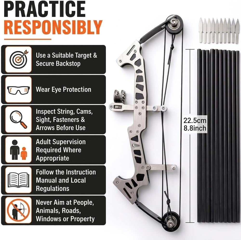 Mini Compound Bow Set, Metal Archery Training Bow with 10 Practice Arrows, Dual-Cam Design, Target Paper, Replacement Bowstring and Hex Wrench, Recreational Target Practice Kit