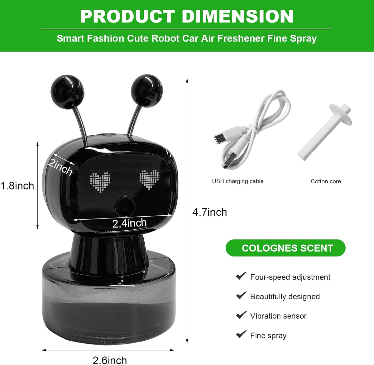 Smart Cute Robot Car Air Freshener, Fine Spray Car Aromatherapy Machine with Four-Gear Adjustment, Auto On/Off Mini Robot Fillable Essential Oil Diffuser for Vehicle Home Office (Cologne)