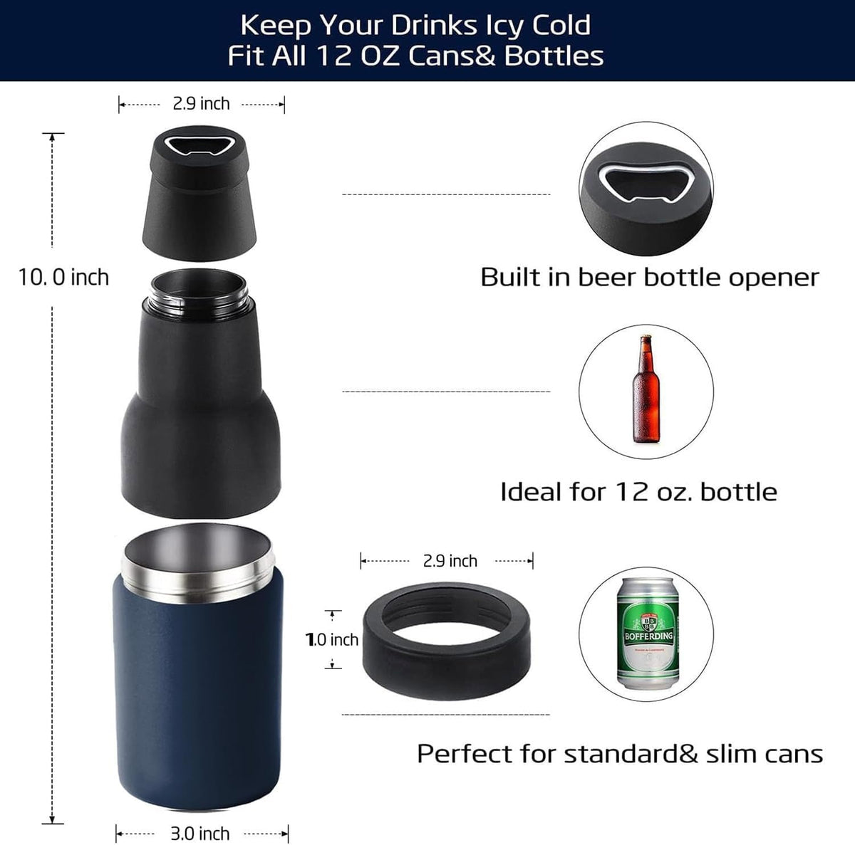 Beer Gifts for Men - Beer Bottle Cooler with Opener, 12 Oz. Slim Can Insulator (Navy Blue)