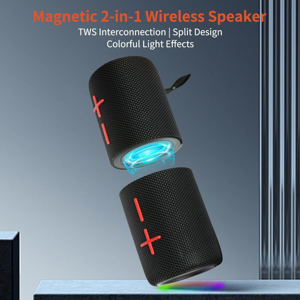 2 in 1 Magnetic Dual Splittable Bluetooth Speaker, IPX6 Waterproof Split Portable Wireless Speaker with 20W Loud Stereo Sound, Bluetooth V5.3, 24H Playtime, Multiple Pairing for Home,Outdoor or Travel