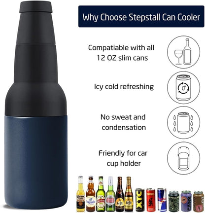 Beer Gifts for Men - Beer Bottle Cooler with Opener, 12 Oz. Slim Can Insulator (Navy Blue)