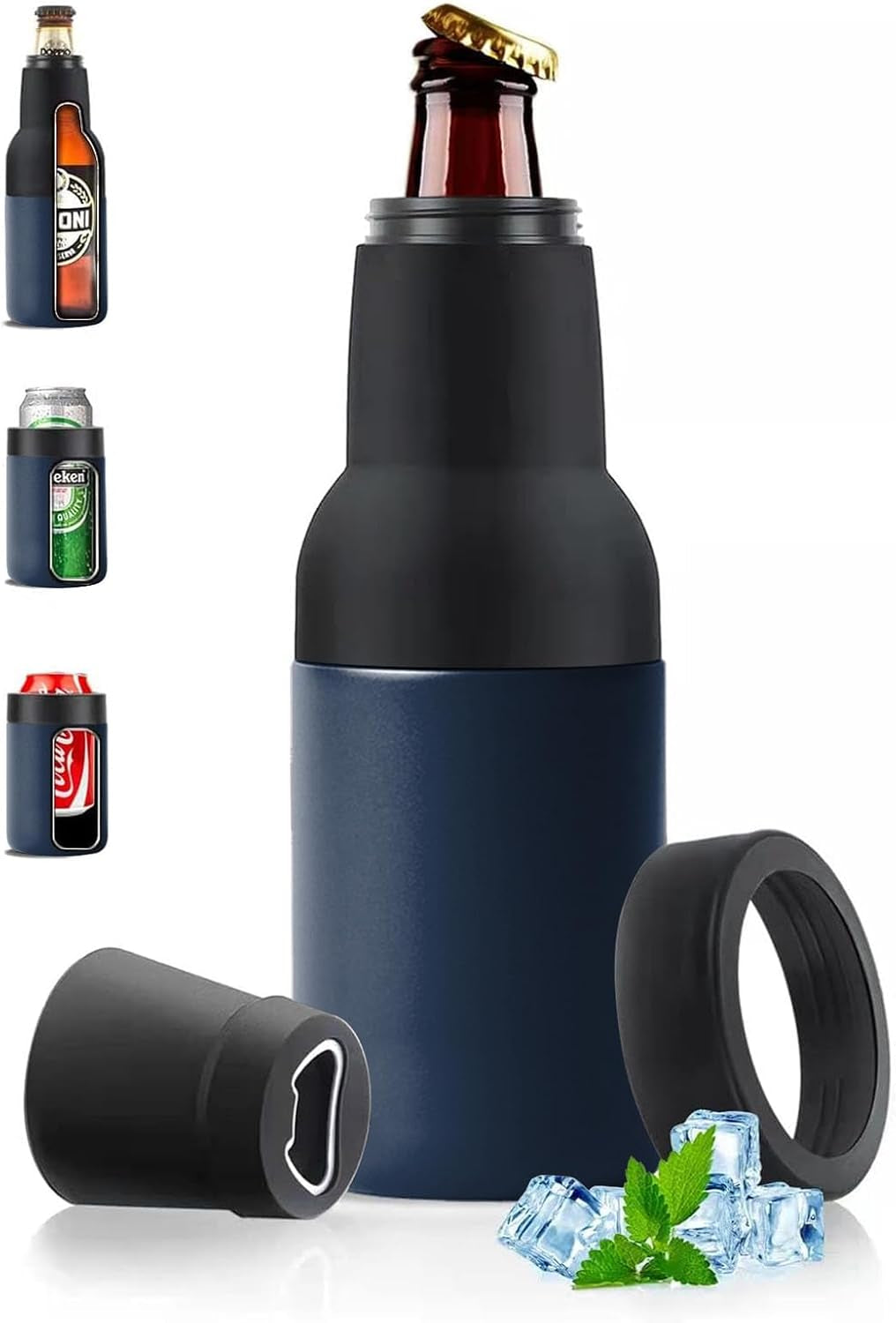Beer Gifts for Men - Beer Bottle Cooler with Opener, 12 Oz. Slim Can Insulator (Navy Blue)