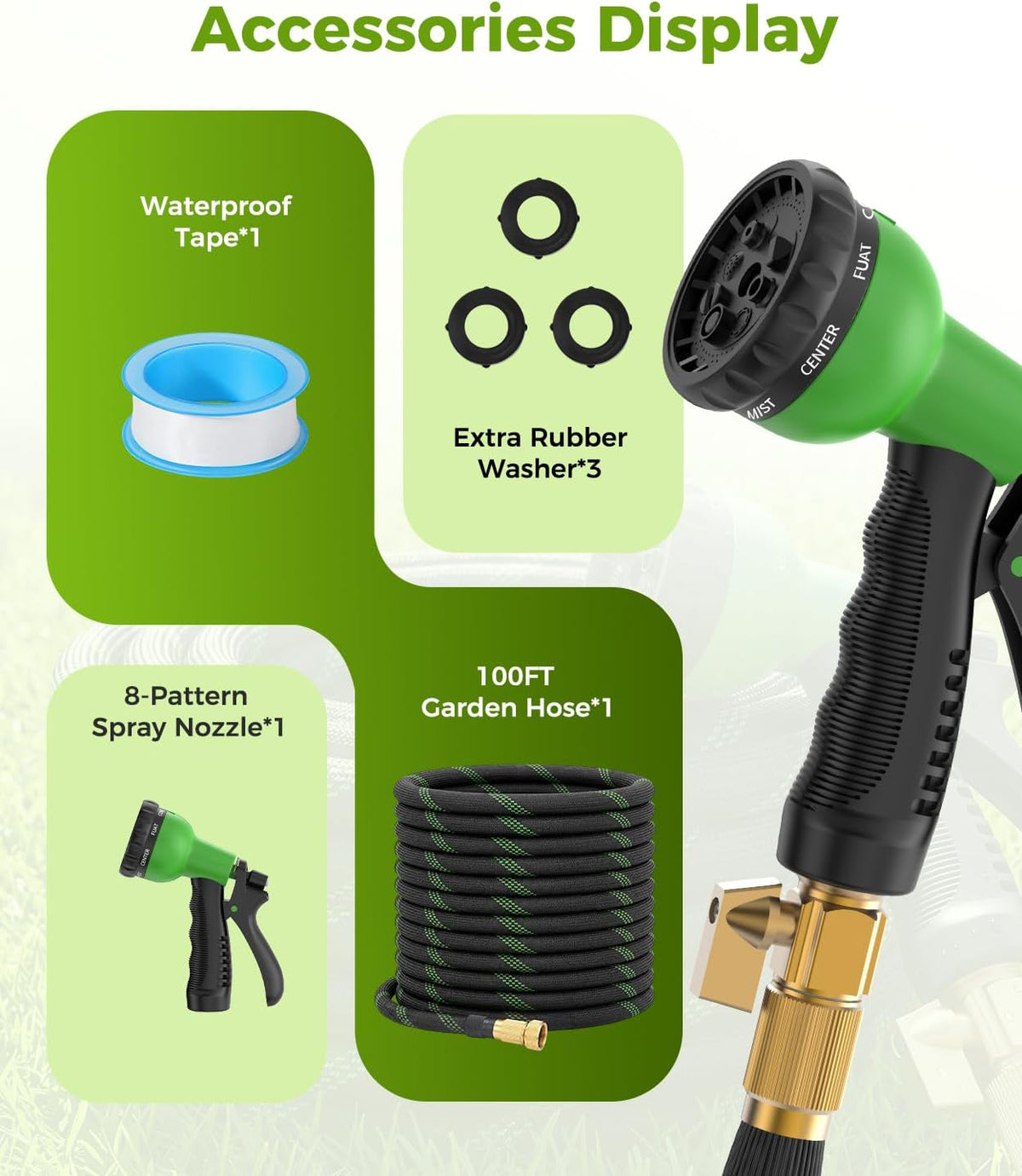 100Ft Garden Hose, Non-Expandable Water Hose with 8 Function Spray Nozzle, Lightweight, Knik-Free, Burst-Resistant, Durable & Flexible 3/4" Garden Hose for Lawn, House Cleaning, Car Washing