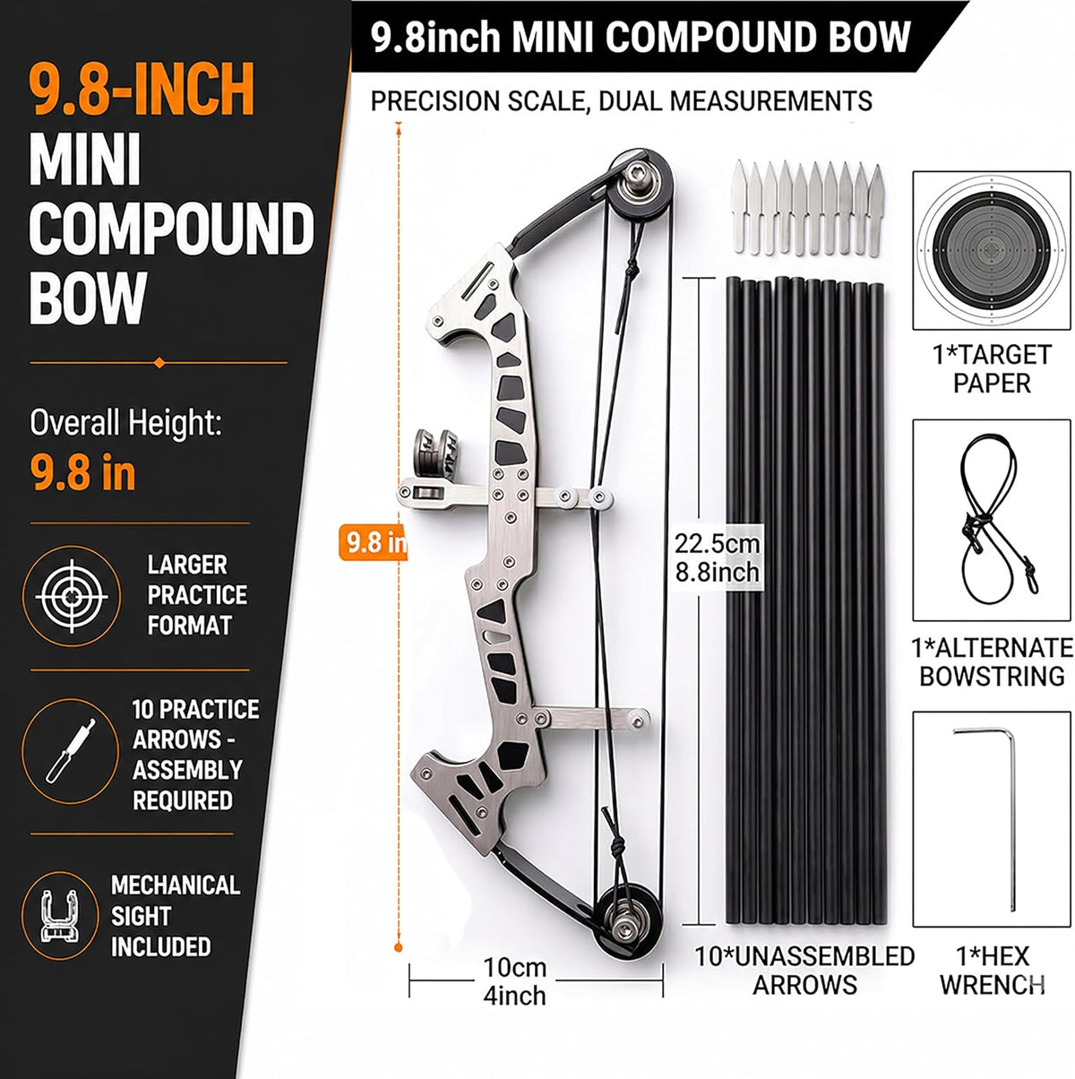 Mini Compound Bow Set, Metal Archery Training Bow with 10 Practice Arrows, Dual-Cam Design, Target Paper, Replacement Bowstring and Hex Wrench, Recreational Target Practice Kit