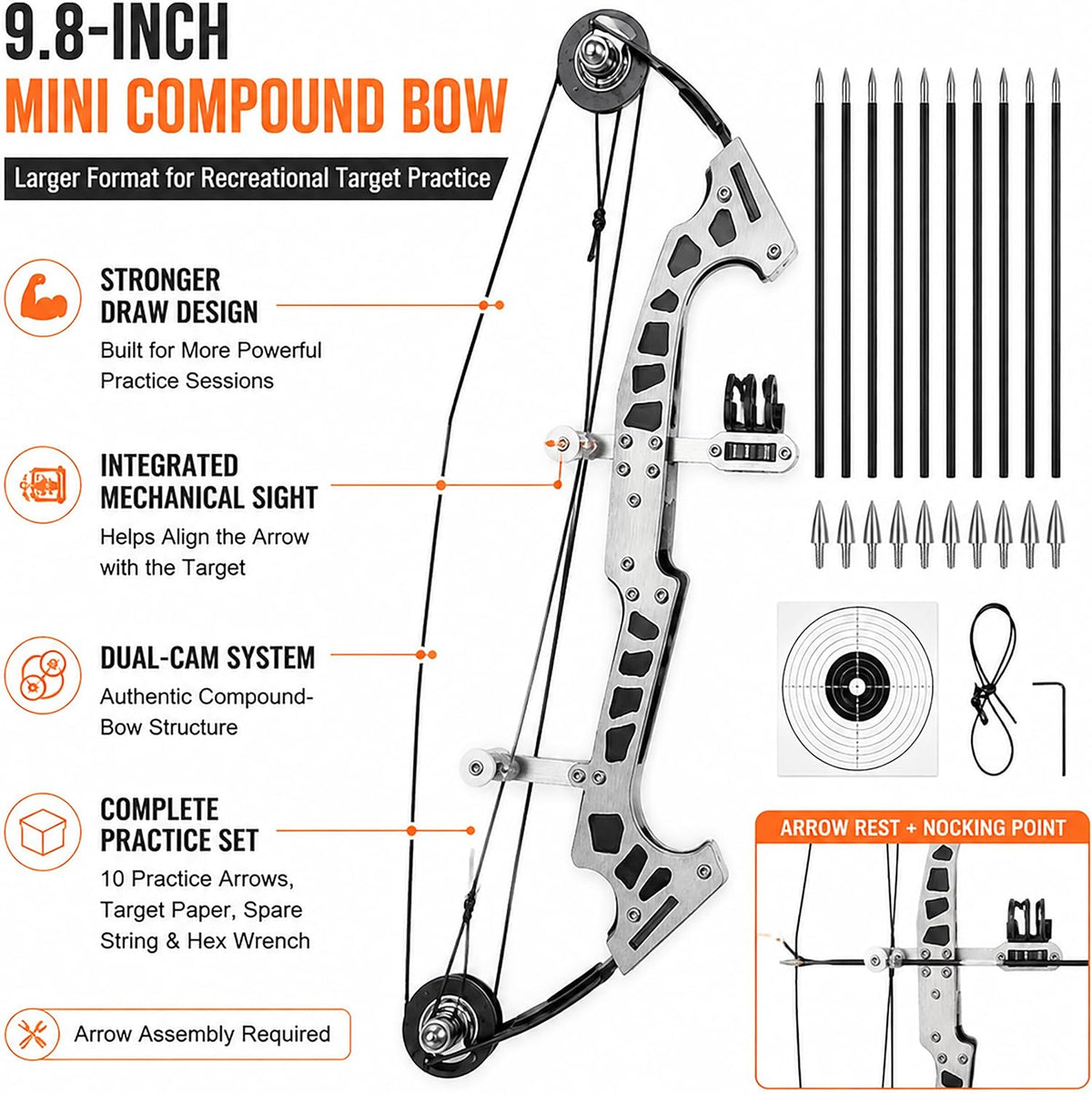 Mini Compound Bow Set, Metal Archery Training Bow with 10 Practice Arrows, Dual-Cam Design, Target Paper, Replacement Bowstring and Hex Wrench, Recreational Target Practice Kit