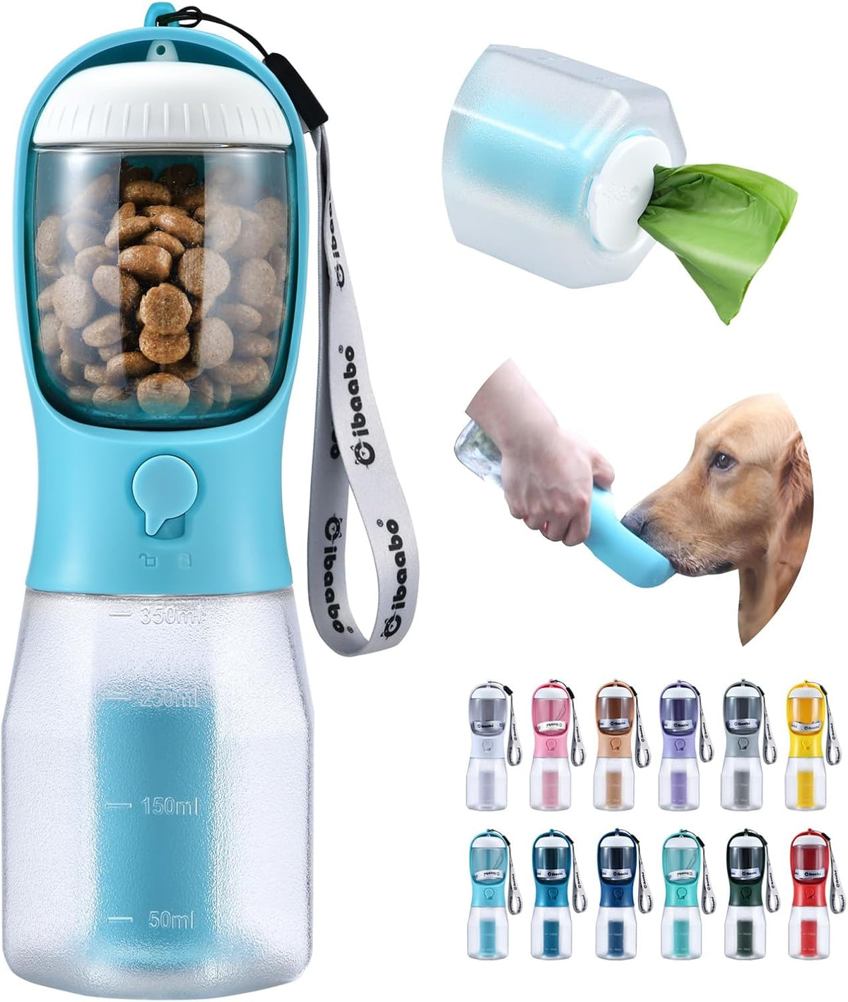 Dog Water Bottle with Food Container & Poop Bag Holder & Filter
