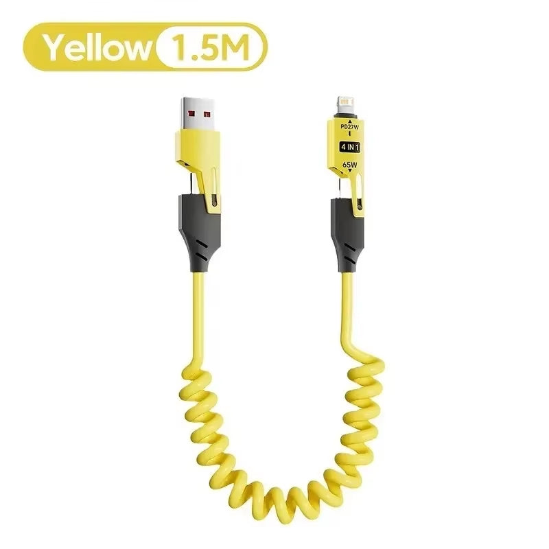 4 in 1 65W Spring Short Data Cable 6A USB Type C Telescopic Quick Charger Wire Spring USB Cable for Iphone 15 14 13 12 16 17 Pro