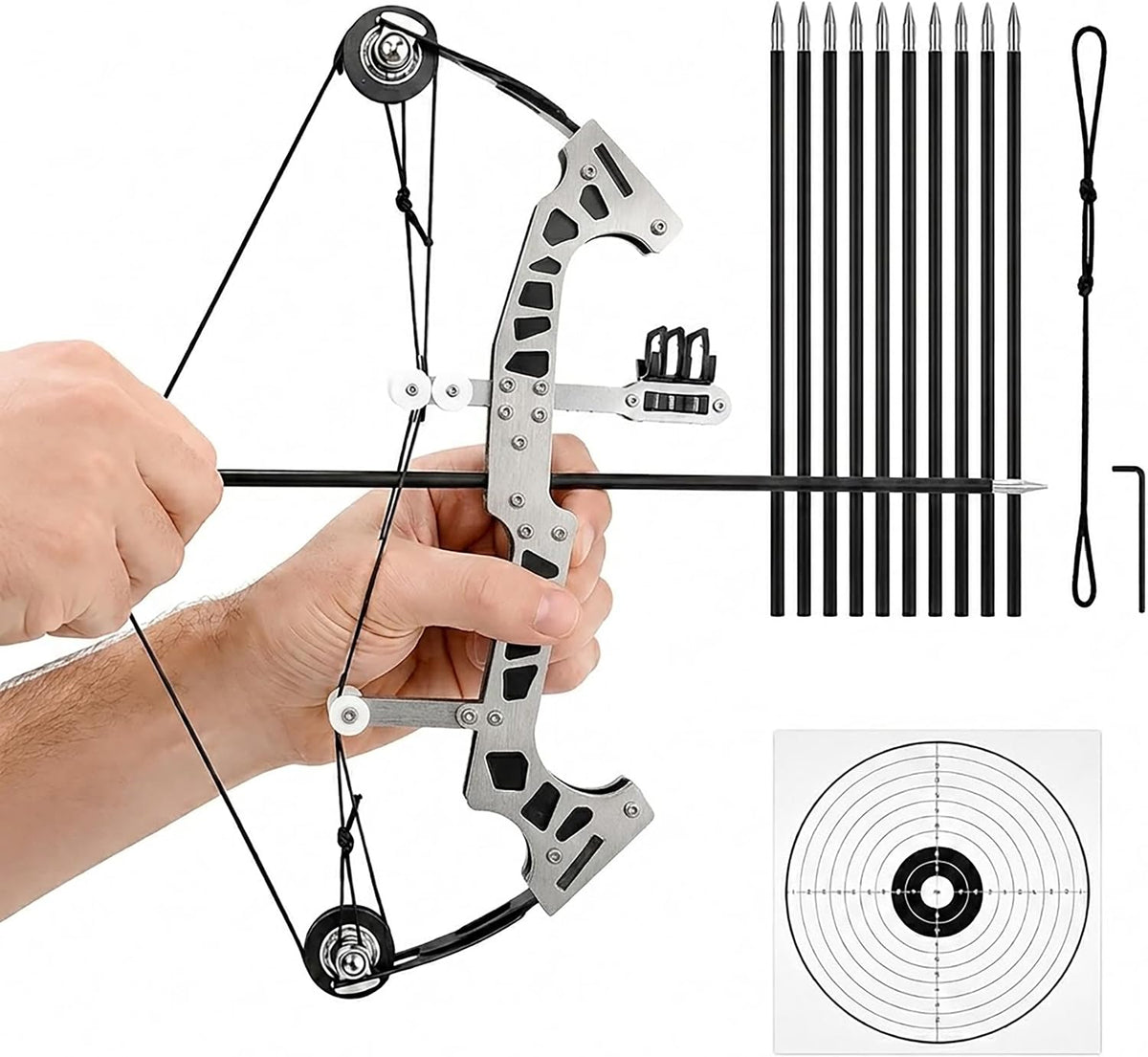 Mini Compound Bow Set, Metal Archery Training Bow with 10 Practice Arrows, Dual-Cam Design, Target Paper, Replacement Bowstring and Hex Wrench, Recreational Target Practice Kit