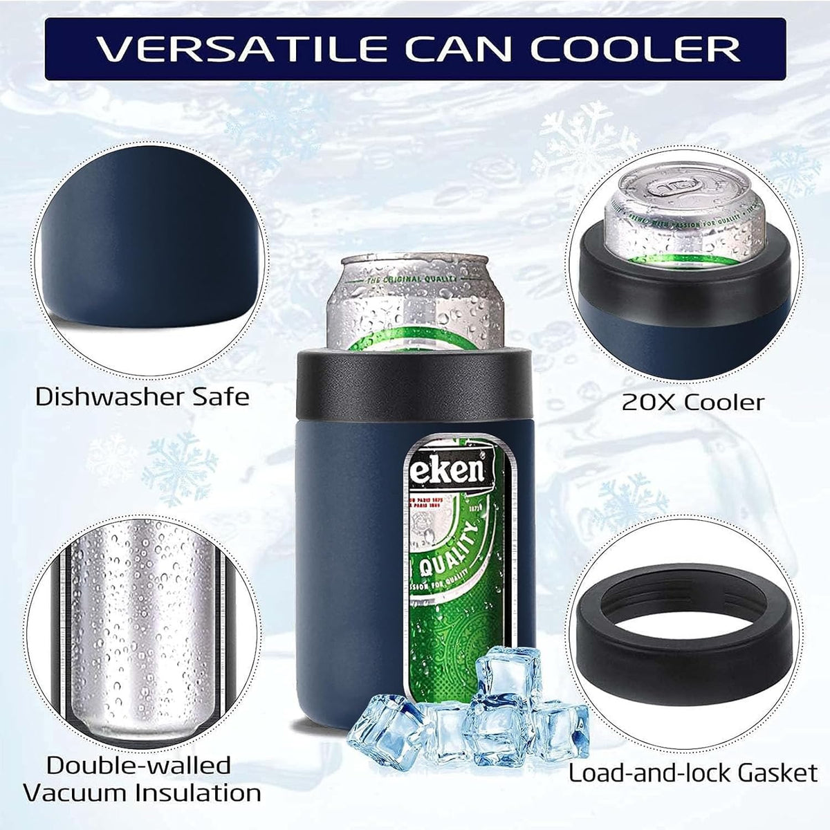 Beer Gifts for Men - Beer Bottle Cooler with Opener, 12 Oz. Slim Can Insulator (Navy Blue)