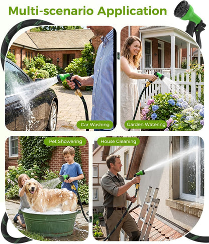 100Ft Garden Hose, Non-Expandable Water Hose with 8 Function Spray Nozzle, Lightweight, Knik-Free, Burst-Resistant, Durable & Flexible 3/4" Garden Hose for Lawn, House Cleaning, Car Washing