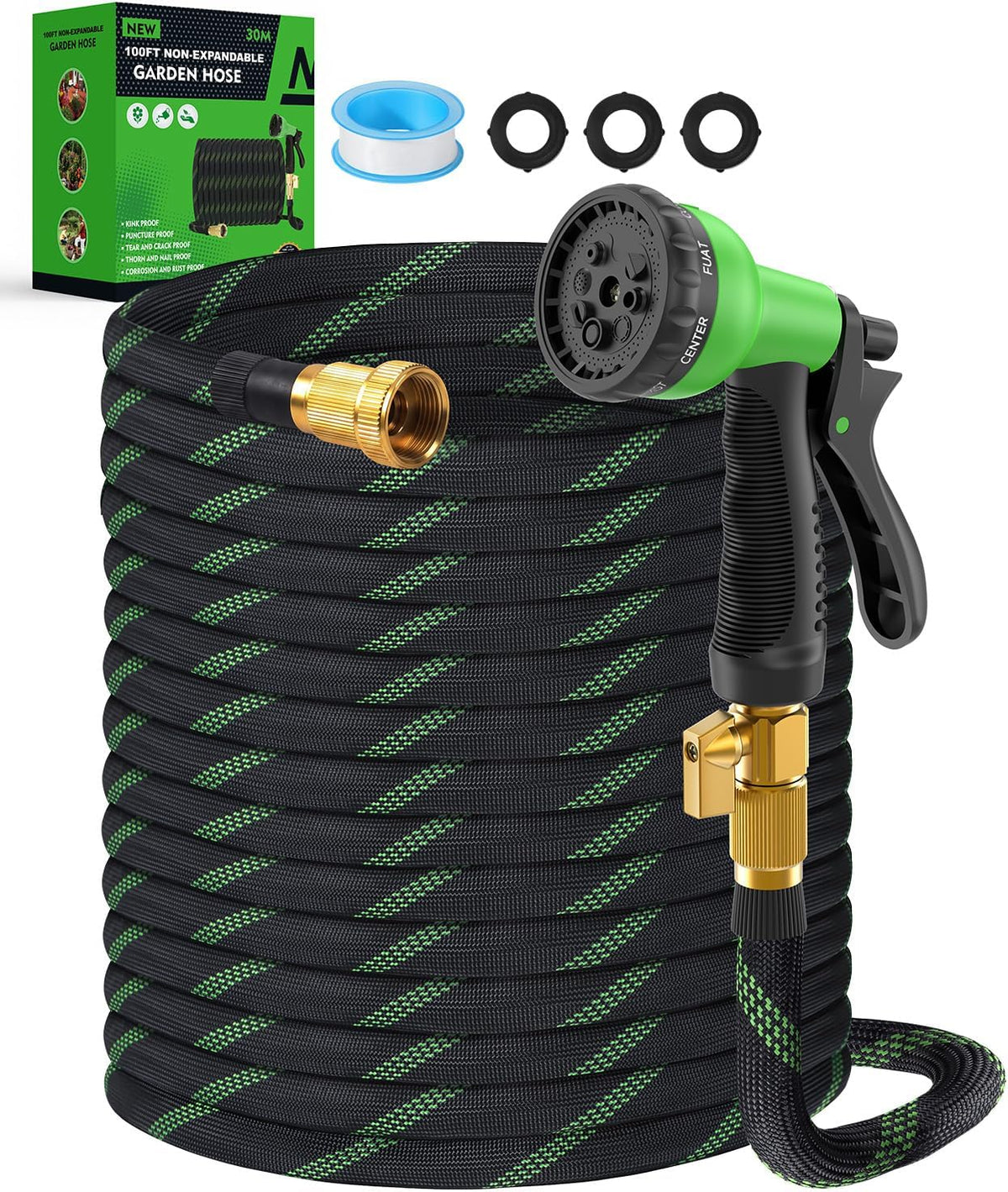 100Ft Garden Hose, Non-Expandable Water Hose with 8 Function Spray Nozzle, Lightweight, Knik-Free, Burst-Resistant, Durable & Flexible 3/4" Garden Hose for Lawn, House Cleaning, Car Washing