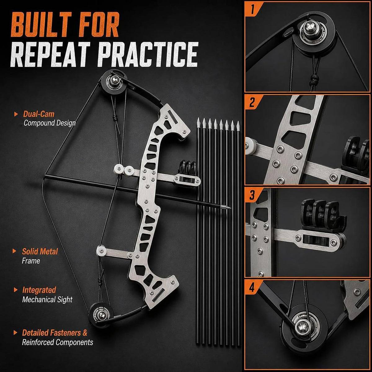 Mini Compound Bow Set, Metal Archery Training Bow with 10 Practice Arrows, Dual-Cam Design, Target Paper, Replacement Bowstring and Hex Wrench, Recreational Target Practice Kit