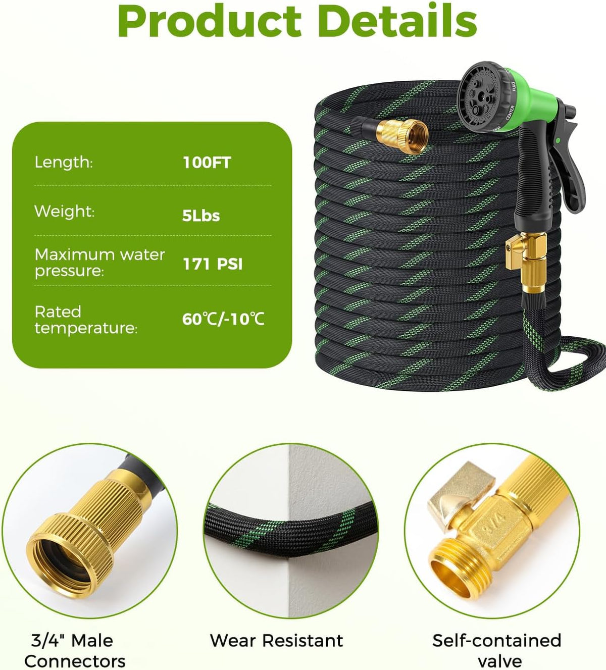 100Ft Garden Hose, Non-Expandable Water Hose with 8 Function Spray Nozzle, Lightweight, Knik-Free, Burst-Resistant, Durable & Flexible 3/4" Garden Hose for Lawn, House Cleaning, Car Washing
