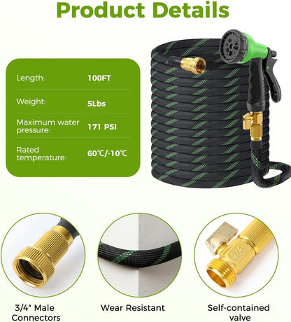 100Ft Garden Hose, Non-Expandable Water Hose with 8 Function Spray Nozzle, Lightweight, Knik-Free, Burst-Resistant, Durable & Flexible 3/4" Garden Hose for Lawn, House Cleaning, Car Washing