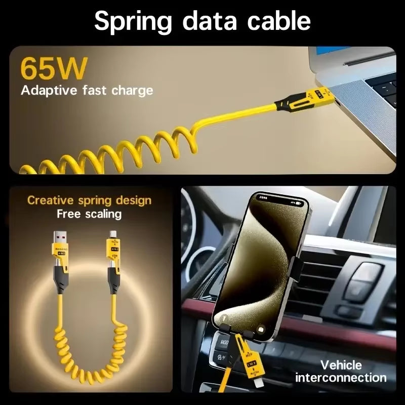 4 in 1 65W Spring Short Data Cable 6A USB Type C Telescopic Quick Charger Wire Spring USB Cable for Iphone 15 14 13 12 16 17 Pro