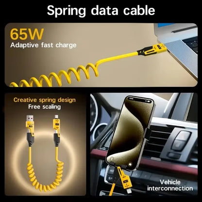 4 in 1 65W Spring Short Data Cable 6A USB Type C Telescopic Quick Charger Wire Spring USB Cable for Iphone 15 14 13 12 16 17 Pro