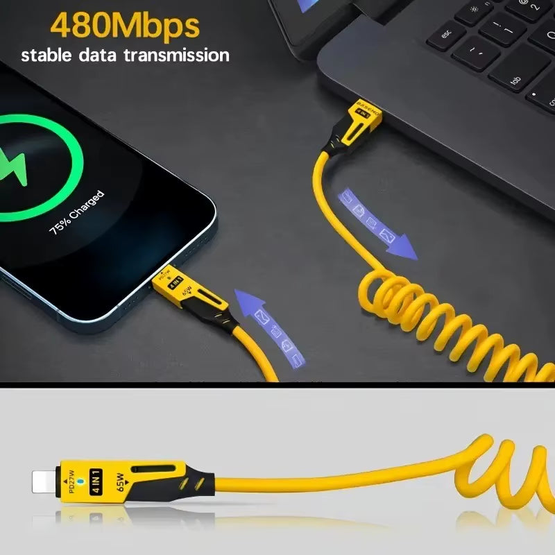 4 in 1 65W Spring Short Data Cable 6A USB Type C Telescopic Quick Charger Wire Spring USB Cable for Iphone 15 14 13 12 16 17 Pro